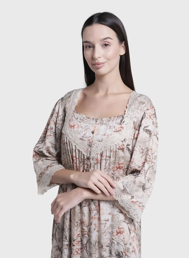 كشخة Sand Colour Floral Print Viscose Long Nightwear Dress (CNH473)