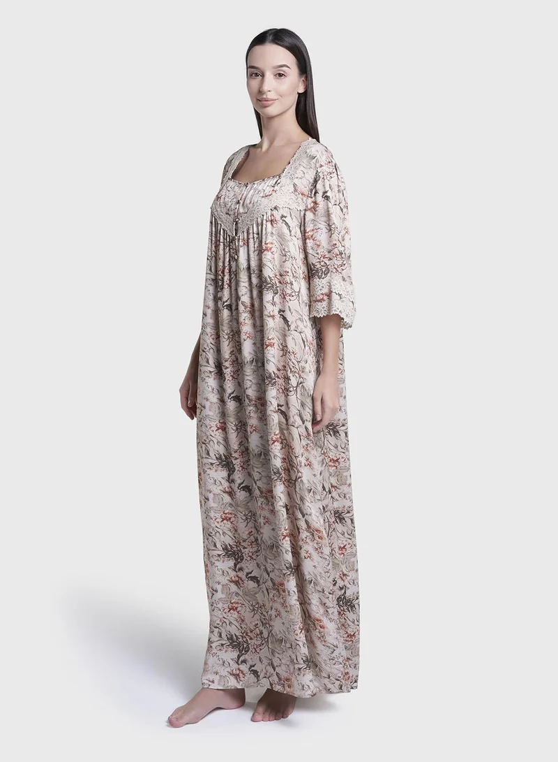 Kashkha  Sand Colour Floral Print Viscose Long Nightwear Dress (CNH473) for Women | Best Price UAE