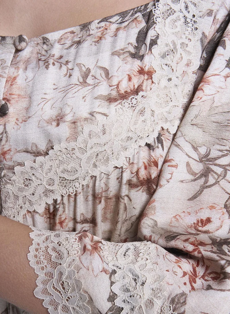 Kashkha  Sand Colour Floral Print Viscose Long Nightwear Dress (CNH473) for Women | Best Price UAE
