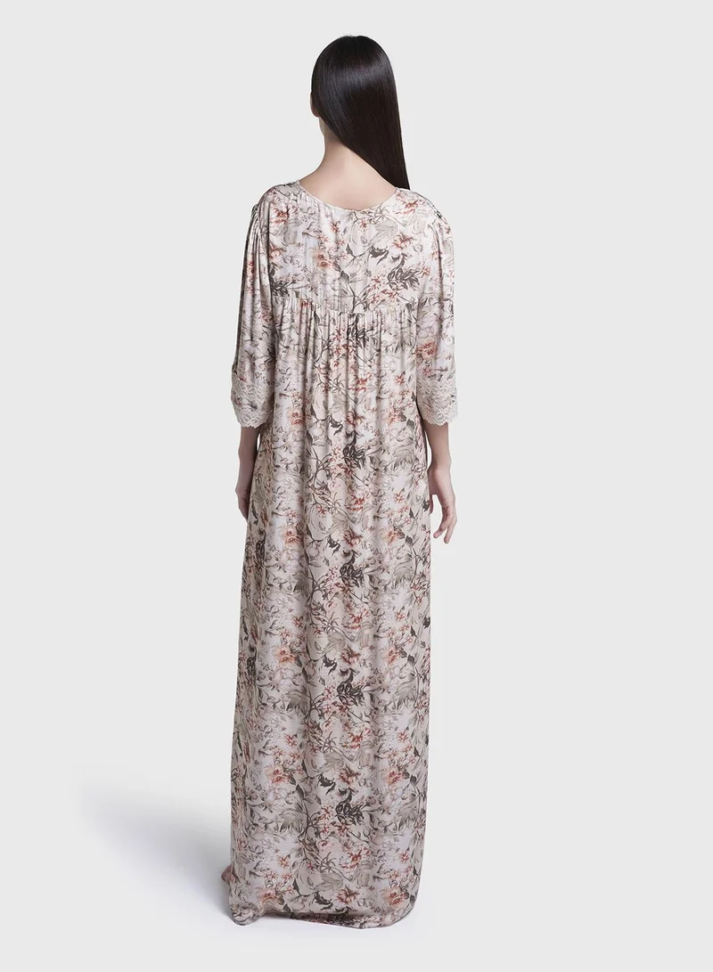 Kashkha  Sand Colour Floral Print Viscose Long Nightwear Dress (CNH473) for Women | Best Price UAE