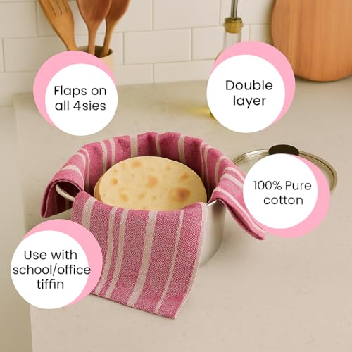 Värde® 2Pcs Double Layer Roti Wrap/Chapati Cover–Premium Cotton Cloth for Roti, Paratha, Phulka, Hot Case | Kitchen Chapati Cloth with Flaps | Soft & Durable Cotton Seed Fabric (Green&Red, Pack of 2) - Image 3
