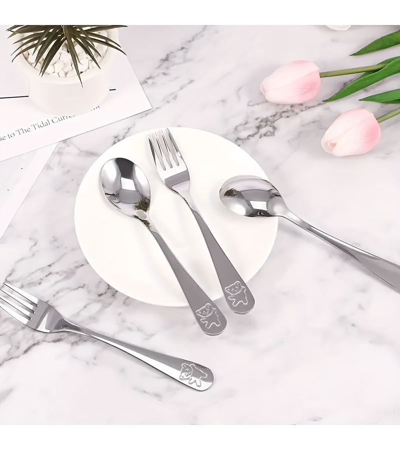 8 Pcs Stainless Steel Fork and Spoon Set Bear Pattern Cutlery Dishwasher Safe Kitchen Utensils - Image 5