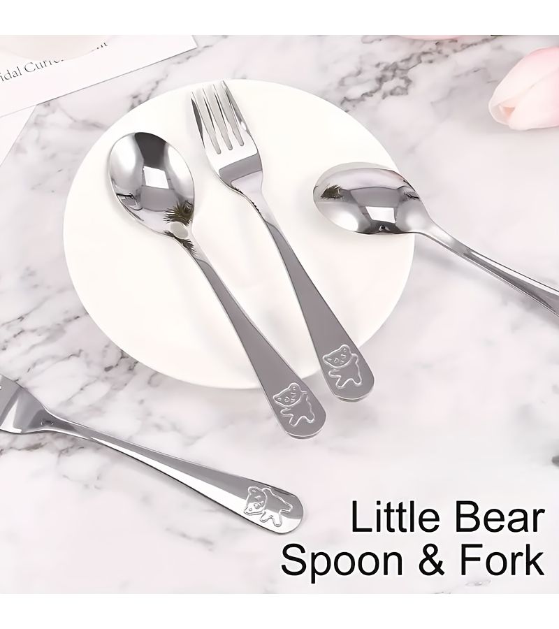 8 Pcs Stainless Steel Fork and Spoon Set Bear Pattern Cutlery Dishwasher Safe Kitchen Utensils - Image 4