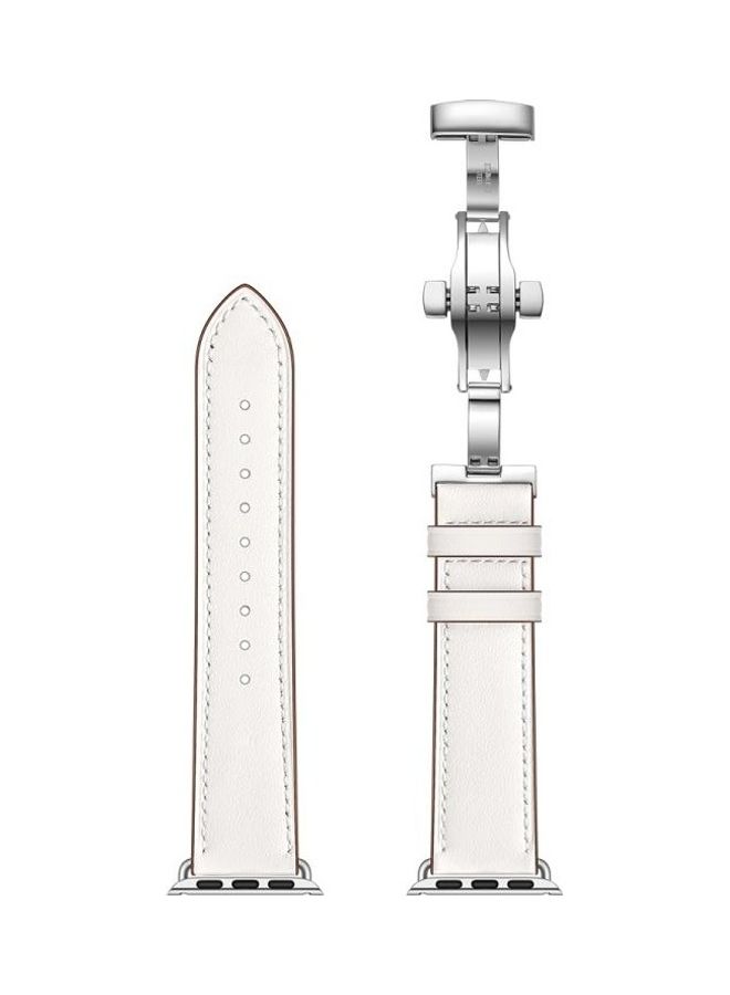 NIBEMINENT Genuine Leather and Butterfly Silver Buckle Replacement Watchbands For Apple Watch Series 7/6/SE/5/4/3/2/1 38/40/41mm White - Image 5