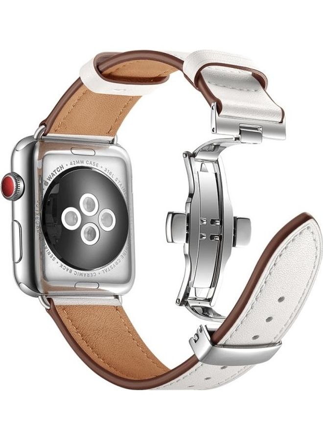 NIBEMINENT Genuine Leather and Butterfly Silver Buckle Replacement Watchbands For Apple Watch Series 7/6/SE/5/4/3/2/1 38/40/41mm White - Image 2