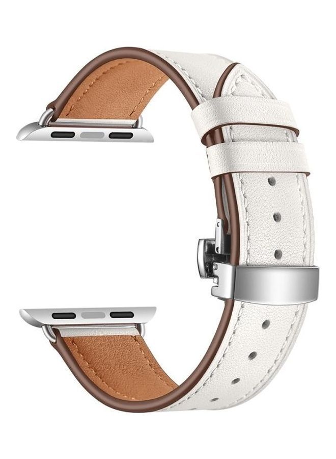 NIBEMINENT Genuine Leather and Butterfly Silver Buckle Replacement Watchbands For Apple Watch Series 7/6/SE/5/4/3/2/1 38/40/41mm White - Image 3
