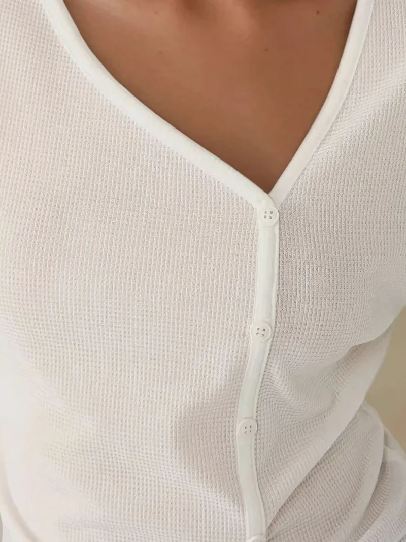 HICCUP Asymmetrical Neck Textured Waffle Blouse