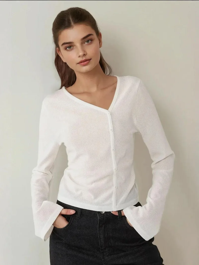 HICCUP Asymmetrical Neck Textured Waffle Blouse