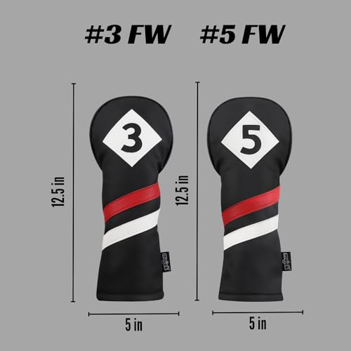 Majek Retro Golf Headcovers Black Red and White Vintage Leather Style 3 & 5 Fairway Wood Head Cover Classic Look - Image 3