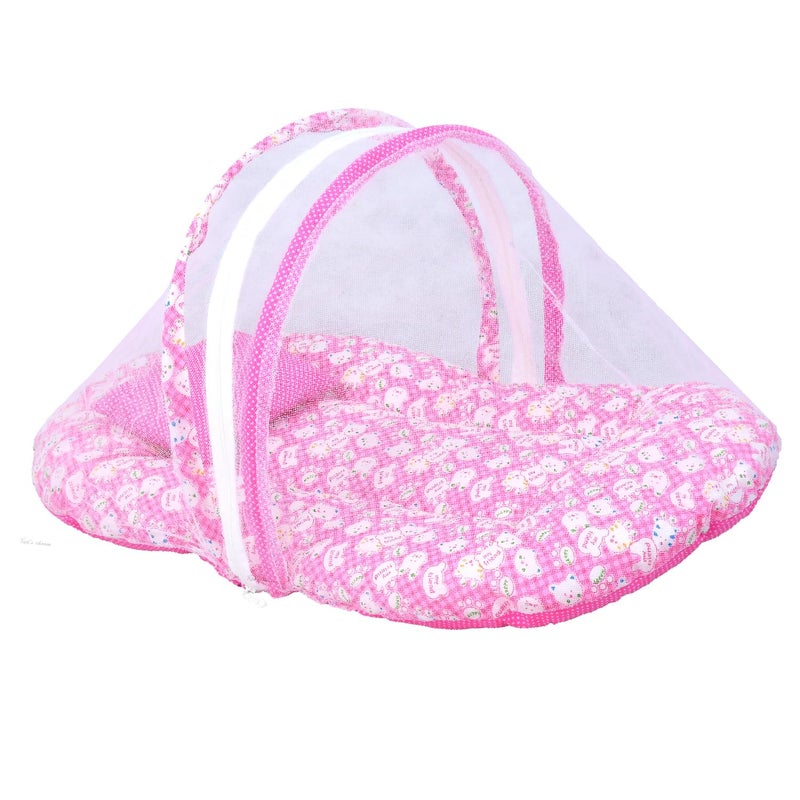 Kid's Charm Kids Charm MiniTeddy Premium Baby Net Bed with Thick Mattress Mosquito Net with Zip Closure Neck Pillow Baby Bedding for New Born Baby Sleeping Bed for 04 Months Babies Pink - Image 1