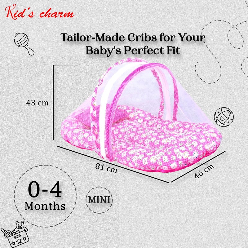 Kid's Charm Kids Charm MiniTeddy Premium Baby Net Bed with Thick Mattress Mosquito Net with Zip Closure Neck Pillow Baby Bedding for New Born Baby Sleeping Bed for 04 Months Babies Pink - Image 2