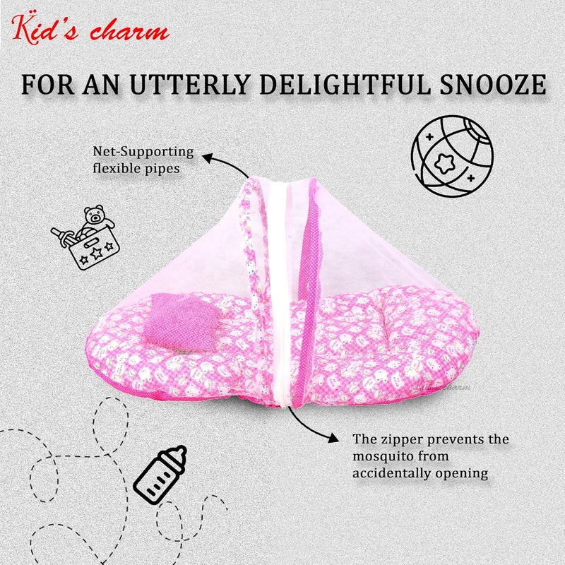 Kid's Charm Kids Charm MiniTeddy Premium Baby Net Bed with Thick Mattress Mosquito Net with Zip Closure Neck Pillow Baby Bedding for New Born Baby Sleeping Bed for 04 Months Babies Pink - Image 3