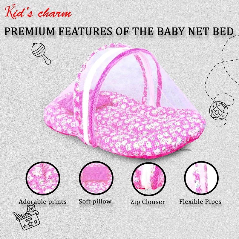 Kid's Charm Kids Charm MiniTeddy Premium Baby Net Bed with Thick Mattress Mosquito Net with Zip Closure Neck Pillow Baby Bedding for New Born Baby Sleeping Bed for 04 Months Babies Pink - Image 4