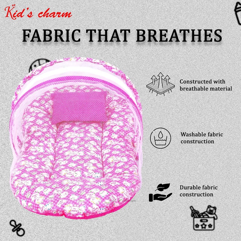 Kid's Charm Kids Charm MiniTeddy Premium Baby Net Bed with Thick Mattress Mosquito Net with Zip Closure Neck Pillow Baby Bedding for New Born Baby Sleeping Bed for 04 Months Babies Pink - Image 5