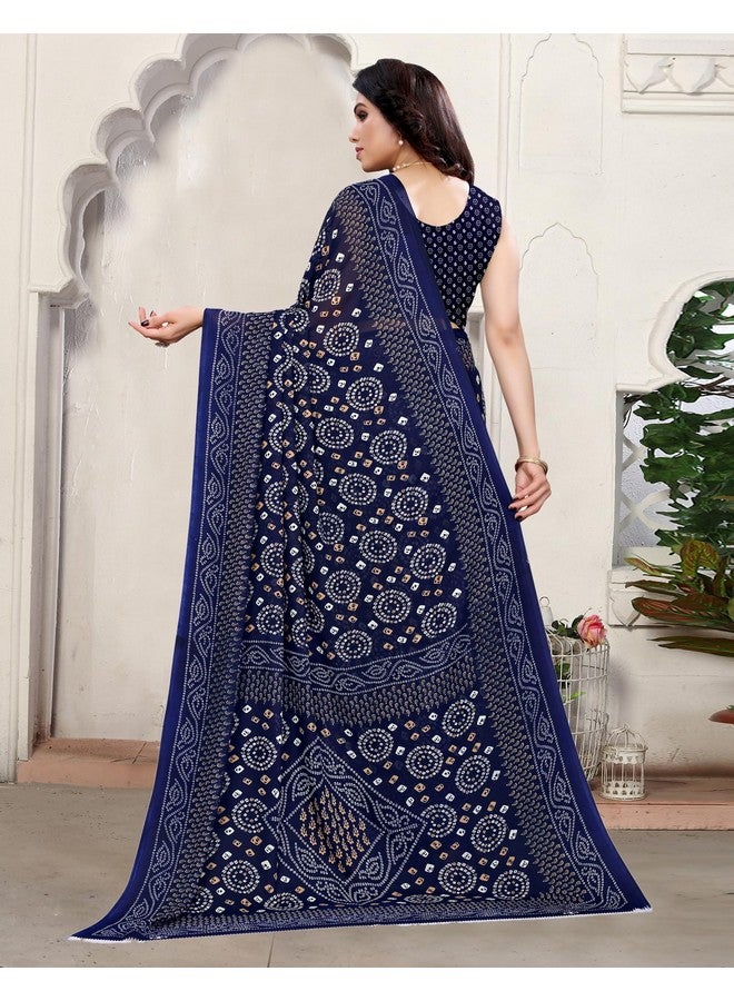 SRL Women's Georgette Bandhani Printed Saree with Blouse (2041S575_BZ_Dark Blue::White)  - Image 2