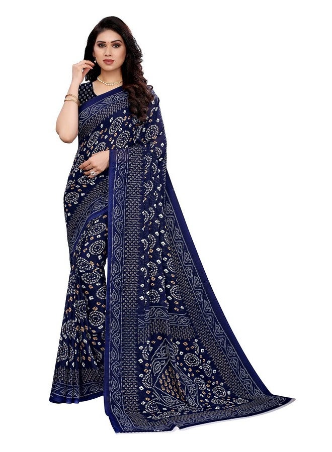 SRL Women's Georgette Bandhani Printed Saree with Blouse (2041S575_BZ_Dark Blue::White)  - Image 1