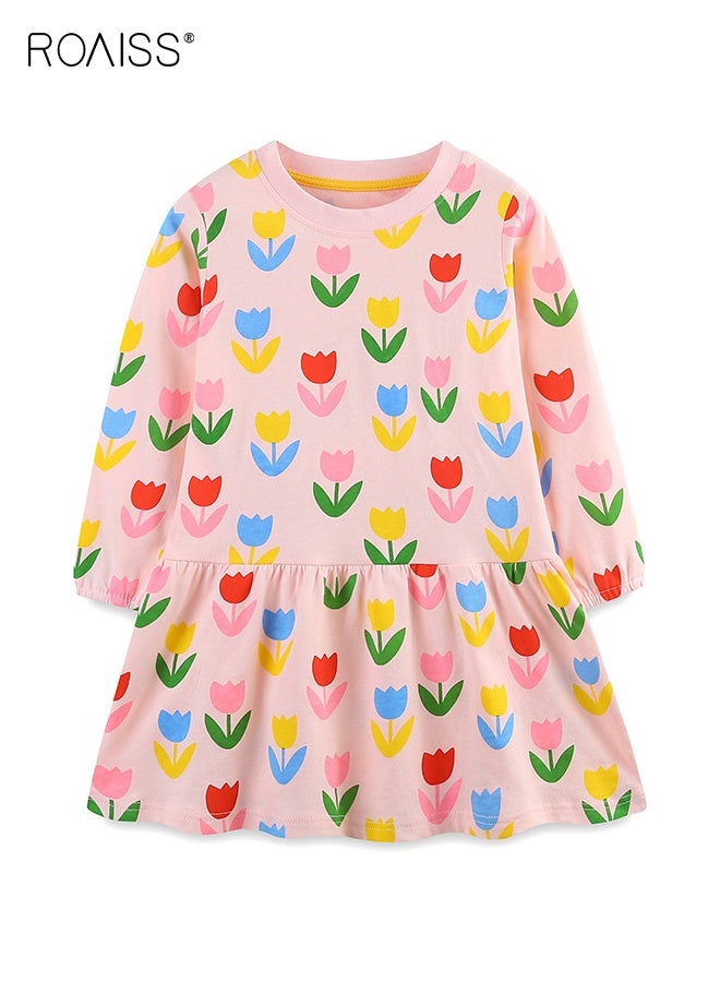 roaiss Girls Floral Dresses, Stylish Long Sleeve A-line Dress, Flower-patterned Cotton Dress, Fancy Dress for Little Girls, Suitable for Daily Wear and Outdoor Activities - Image 1
