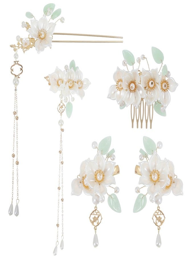 Shimmeroo 5PCS Camellia Flower Tassels Chinese Hair Pins Set, Crystal Rhinestone Pearl HairClips Retro Chinese Hanfu Wedding Brides Accessories for Women Girls Updo Long Hair - Image 1