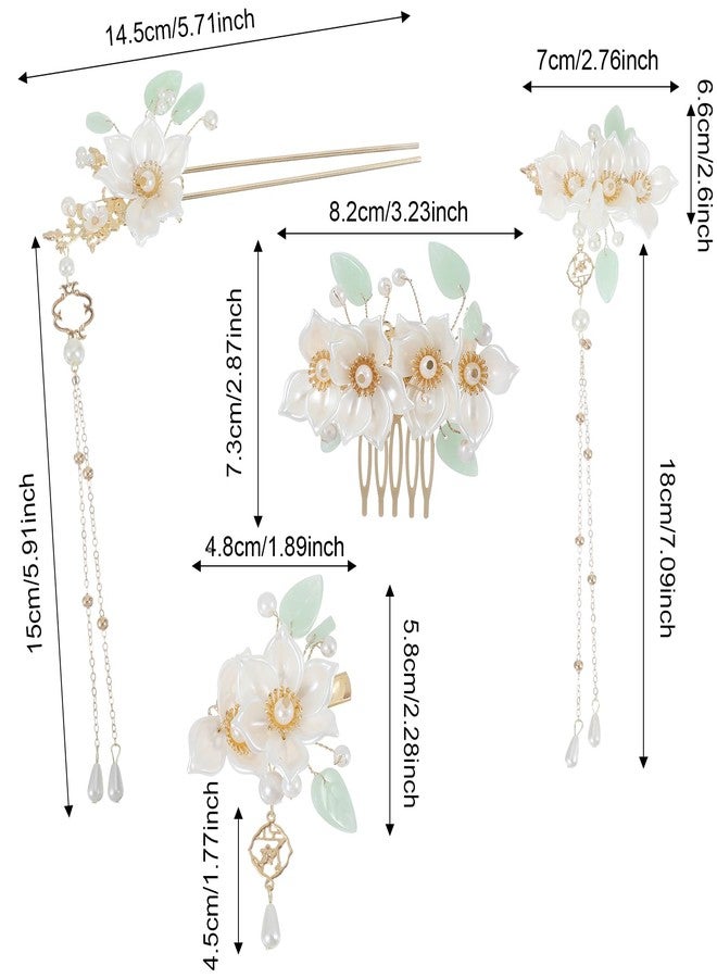 Shimmeroo 5PCS Camellia Flower Tassels Chinese Hair Pins Set, Crystal Rhinestone Pearl HairClips Retro Chinese Hanfu Wedding Brides Accessories for Women Girls Updo Long Hair - Image 2