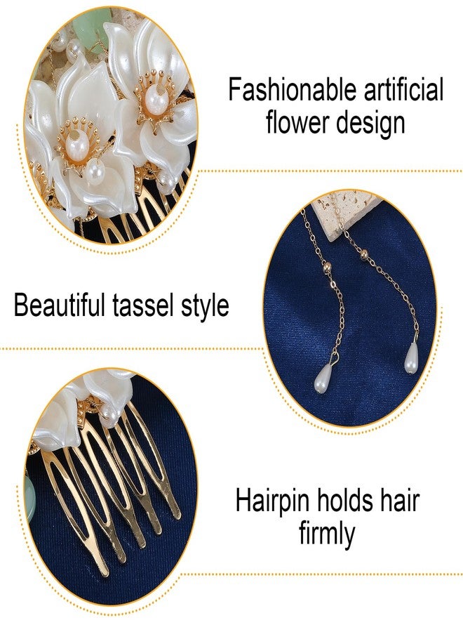Shimmeroo 5PCS Camellia Flower Tassels Chinese Hair Pins Set, Crystal Rhinestone Pearl HairClips Retro Chinese Hanfu Wedding Brides Accessories for Women Girls Updo Long Hair - Image 3