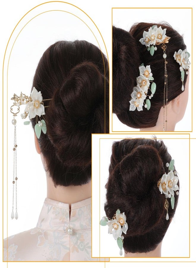 Shimmeroo 5PCS Camellia Flower Tassels Chinese Hair Pins Set, Crystal Rhinestone Pearl HairClips Retro Chinese Hanfu Wedding Brides Accessories for Women Girls Updo Long Hair - Image 5