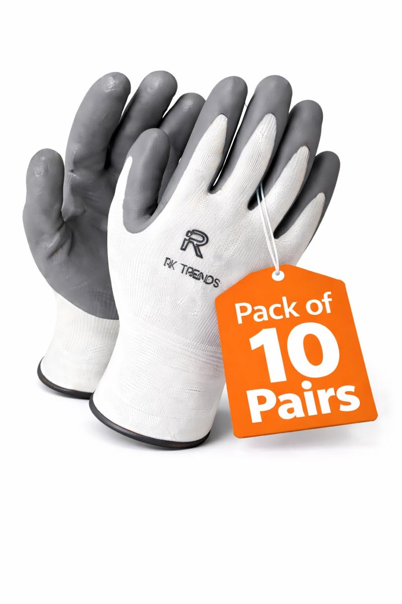 RK TRENDS Heavy Duty Coated Work Gloves For Industrial|Gardening|Agricultural |Cleaning. (Pack of 10 Pairs, Gery (Nitrile Coated)), Grey - Image 1