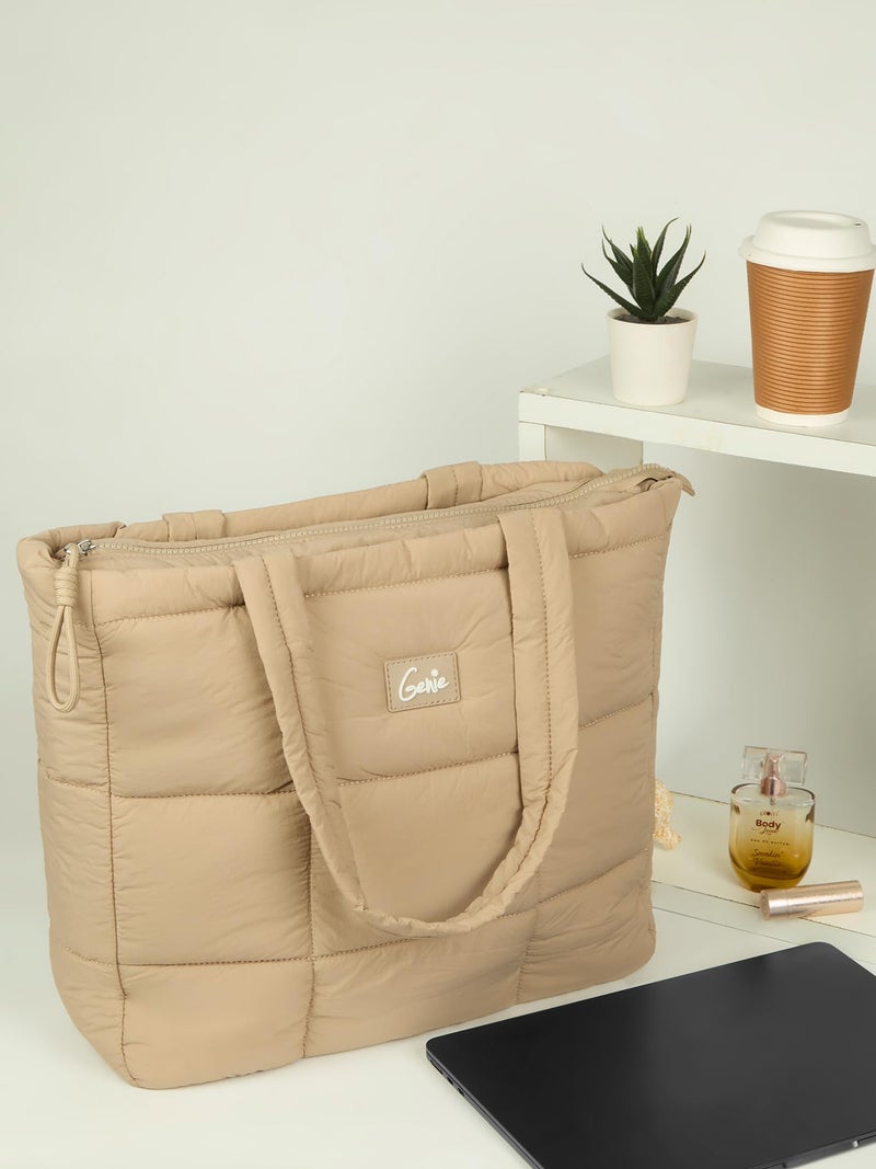 Genie Halotote Tote Bag For Girls |14 Inch-18 Litres With One Compartment, Laptop Sleeve And Organizer |Best For Laptop, Makeup, Journal, Cables & College/Work Must-Haves - Beige - Image 3