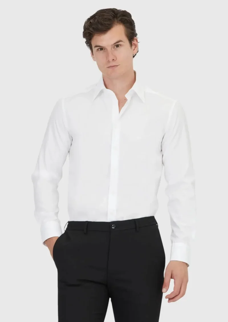 RAMSEY White Plain Regular Fit Weaving Classical 100% Cotton Shirt