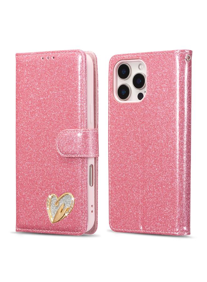 S-TOP Case For iPhone 16 Pro Glitter Powder Love Leather Phone Case - Image 1