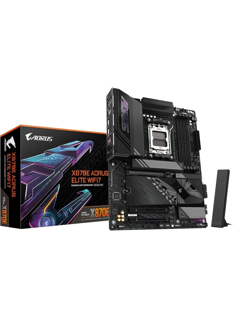 اورس لوحة أم X870E AORUS Elite WIFI7 AMD AM5 LGA 1718، ATX، DDR5، 4X M.2، PCIe 5.0، USB4، WIFI7، 2.5GbE LAN، EZ-Latch، ضمان 5 سنوات - Image 1