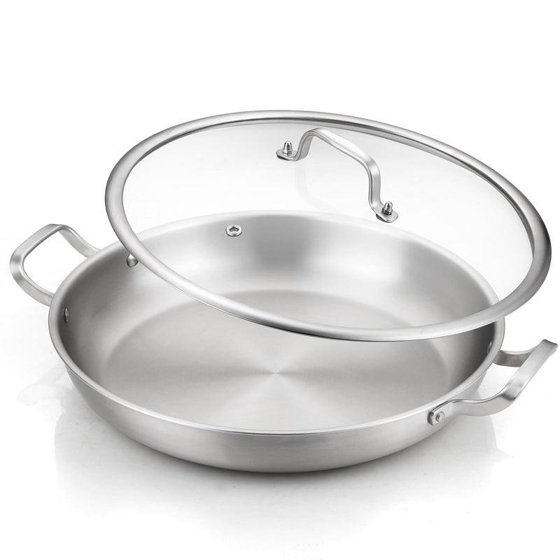 DELARLO 13 Inch TriPly Stainless Steel Paella Pan With Lid Big Frying Pan kitchen Induction Large SkilletsGreat for Paella Parties Indoors OutdoorsHeavy Duty Style