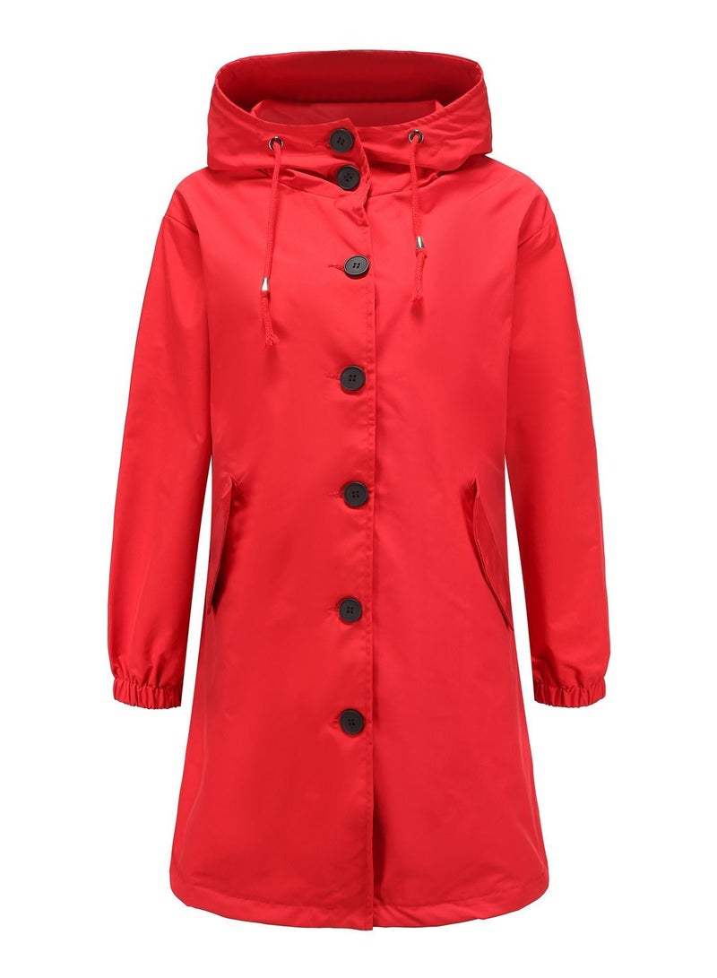 Loquat Women's New Waterproof Hooded Windbreaker Casual Long Coat Red  - Image 1