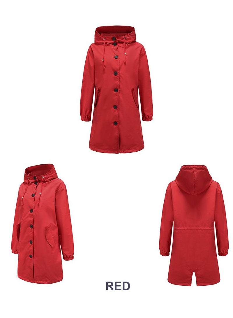 Loquat Women's New Waterproof Hooded Windbreaker Casual Long Coat Red  - Image 2
