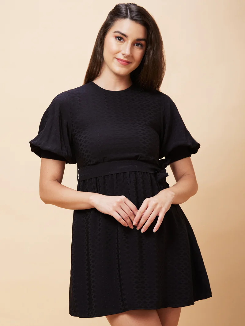 globus Women Black Self Designed Belt Detailed Puff Sleeve Fit & Flare Dress
