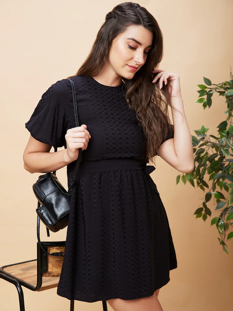 globus Women Black Self Designed Belt Detailed Puff Sleeve Fit & Flare Dress