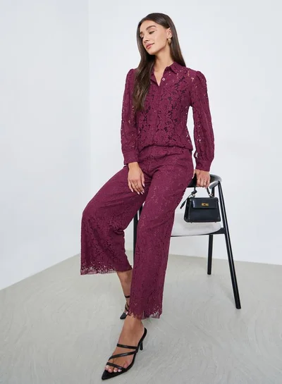Styli Burgundy Lace Wide Leg Pants