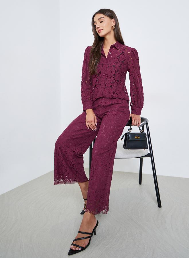 Styli Burgundy Lace Wide Leg Pants - Image 1