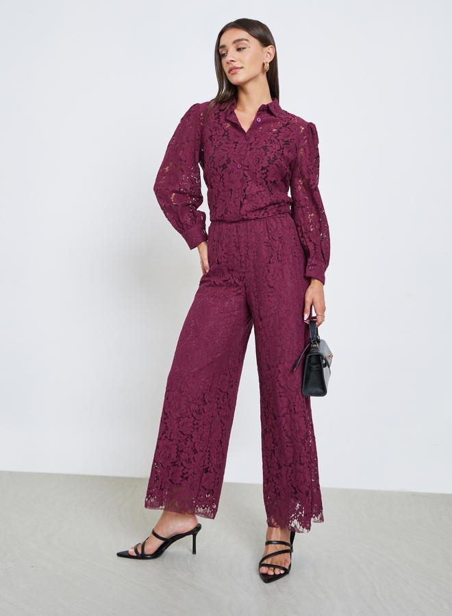 Styli Burgundy Lace Wide Leg Pants - Image 3