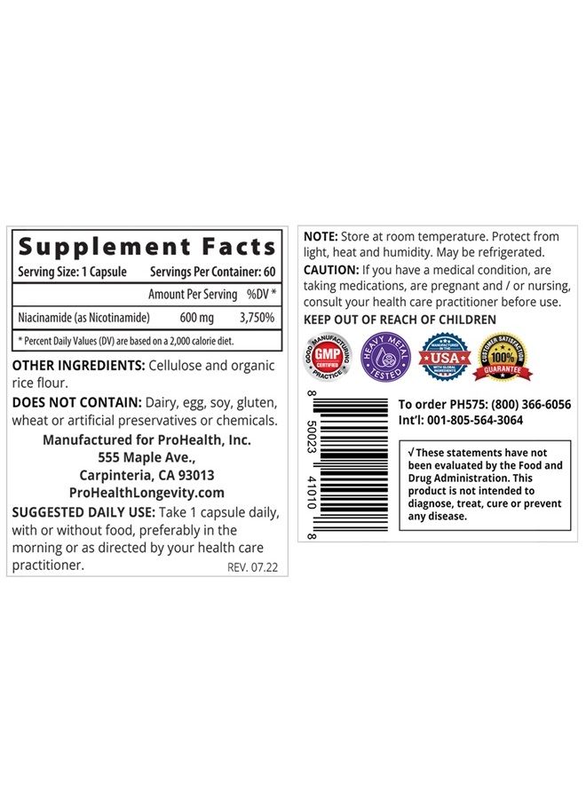ProHealth نياسيناميد - معزز NAD (600 مجم، 60 كبسولة) طول العمر | فيتامين ب3 خالٍ من الاحمرار - Image 2