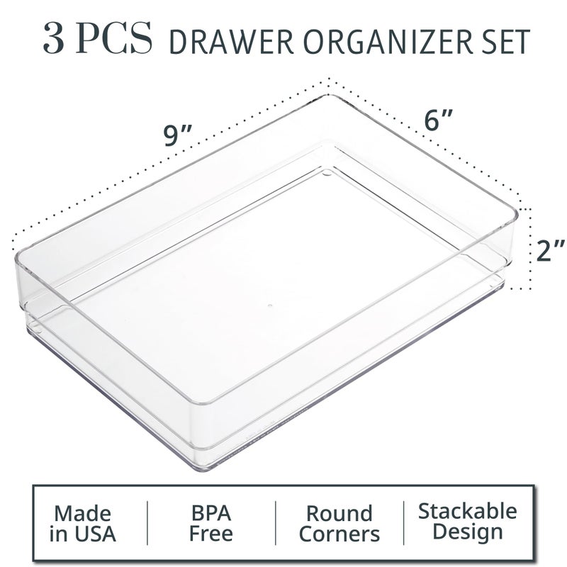 STORi SimpleSort 3-Piece Stackable Clear Drawer Organizer Set | 9" x 6" x 2" Rectangle Trays | Wide Makeup Vanity Storage Bins and Office Desk Drawer Dividers | Made in USA - Image 2