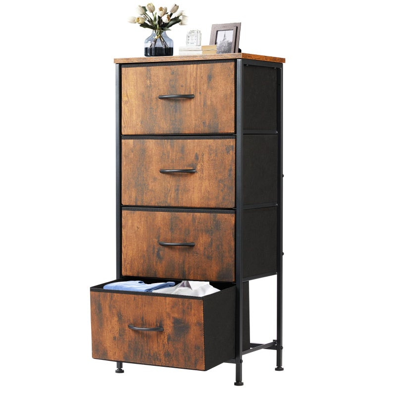 DUMOS Nightstand with 4 Drawers Bedside Table with Removable Fabric Bins Sturdy Steel Frame Wood Top Organizer Furniture for Bedroom Closet Living Room - Image 1