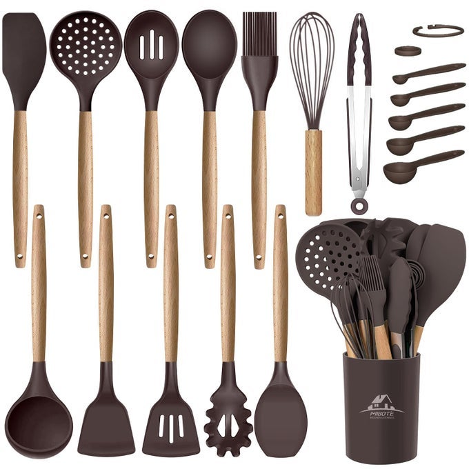 SILICONE COOKING KITCHEN UTENSILS SET WITH HOLDER WOODEN HANDLES BPA FREE NON TOXIC SILICONE TURNER TONGS SPATULA SPOON KITCHEN GADGETS UTENSIL SET FOR NONSTICK COOKWARE COFFEE