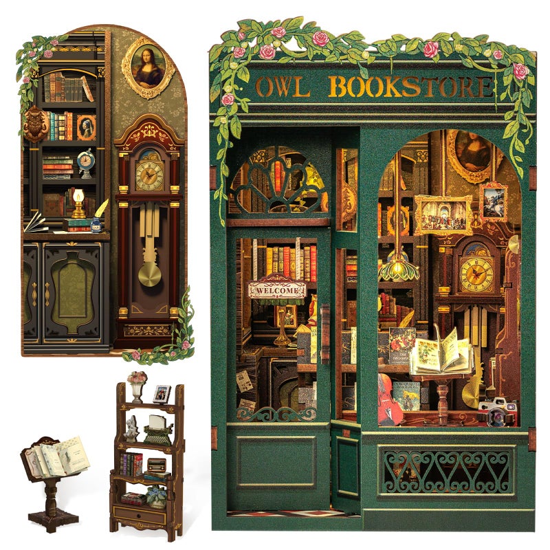 Cutefun Book Nook Kit - DIY Miniature Dollhouse Kit for Adults, Teens and Beginners, Tiny House Bookshelf Decor 3D Wooden Puzzles, Best Birthday and Valentine's Day Gifts (Owl Bookstore) - Image 1