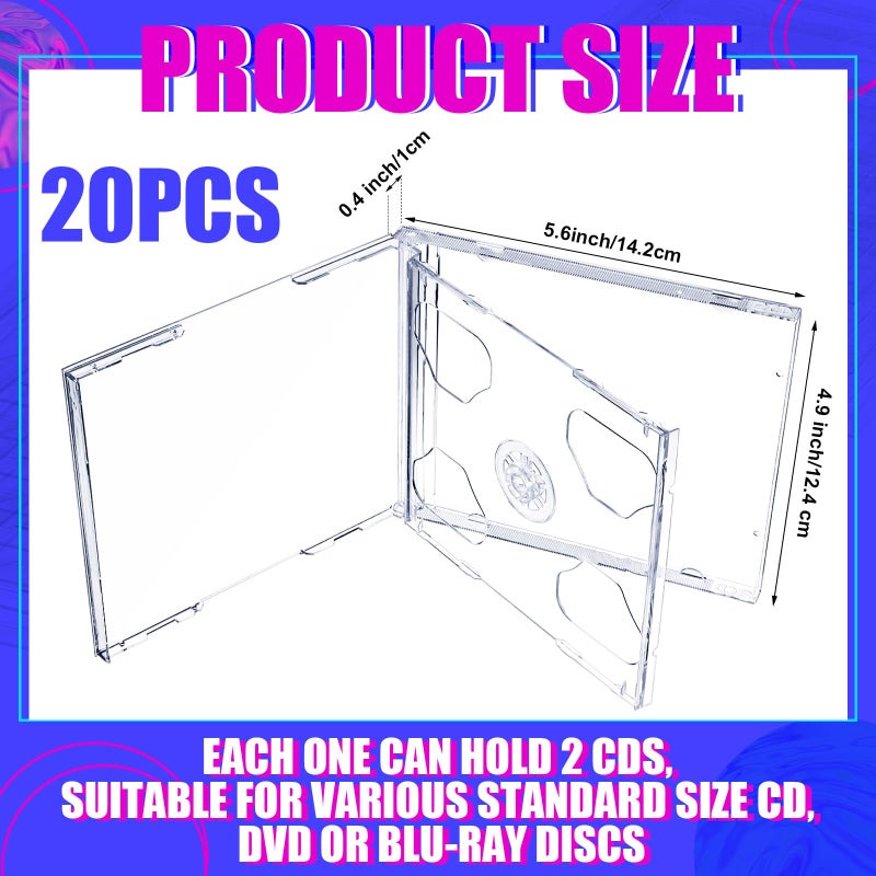 Tellegloww 20 Pack 10.4mm Double Cd Jewel Case Plastic Double 2 Disc Capacity DVD Standard Blank Cd Case Replacement with Two Disc Hubs for Disks Protection(Clear) - Image 2