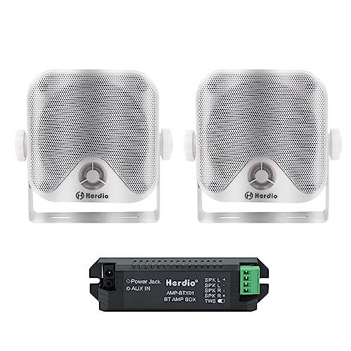 Herdio 4 Inches Marine Box Bluetooth Speakers Compact Waterproof Audio Sound System with 100 Watt Power for Boat Golf cart Jeep ATV UTV Truck Heavy Duty Powersports Vehicles Courtyard White - Image 1