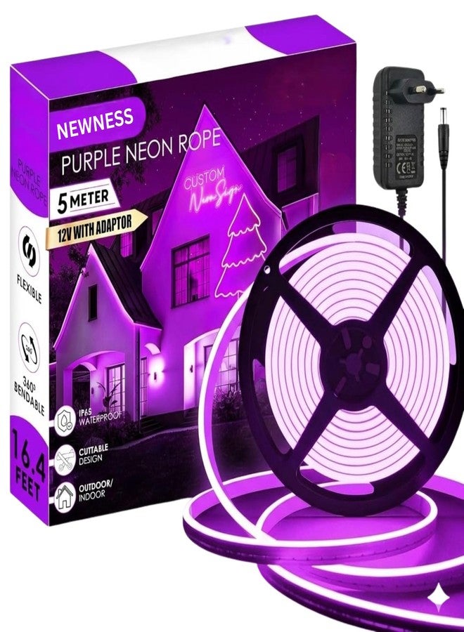 NEWNESS 5M Purple Neon LED Strip Light | IP65 Waterproof Indoor Outdoor Flexible Silicone Rope Light with 12V Adapter for Home Décor - Image 1