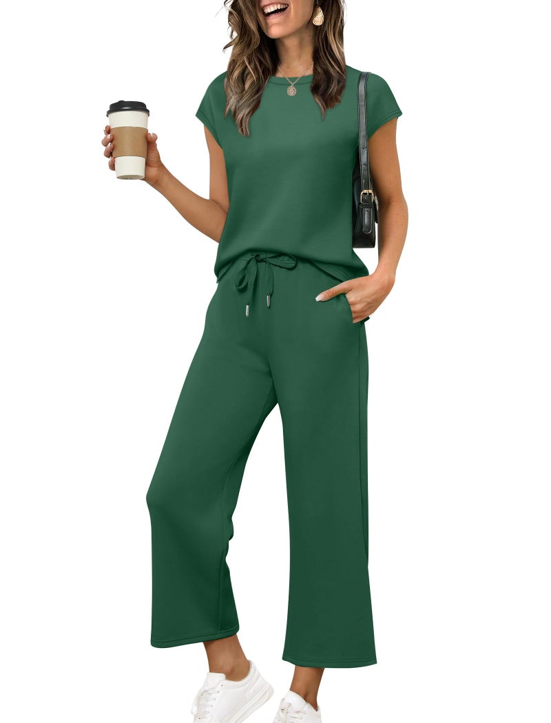 Sampeel Spring Tops for Women Two Piece Lounge Sets for Women Matching Womens Fashion Clothing Cap Sleeve Vacation St Patricks Day Outfits Cruise 2026 Trip Travel Kelly Green M - Image 1