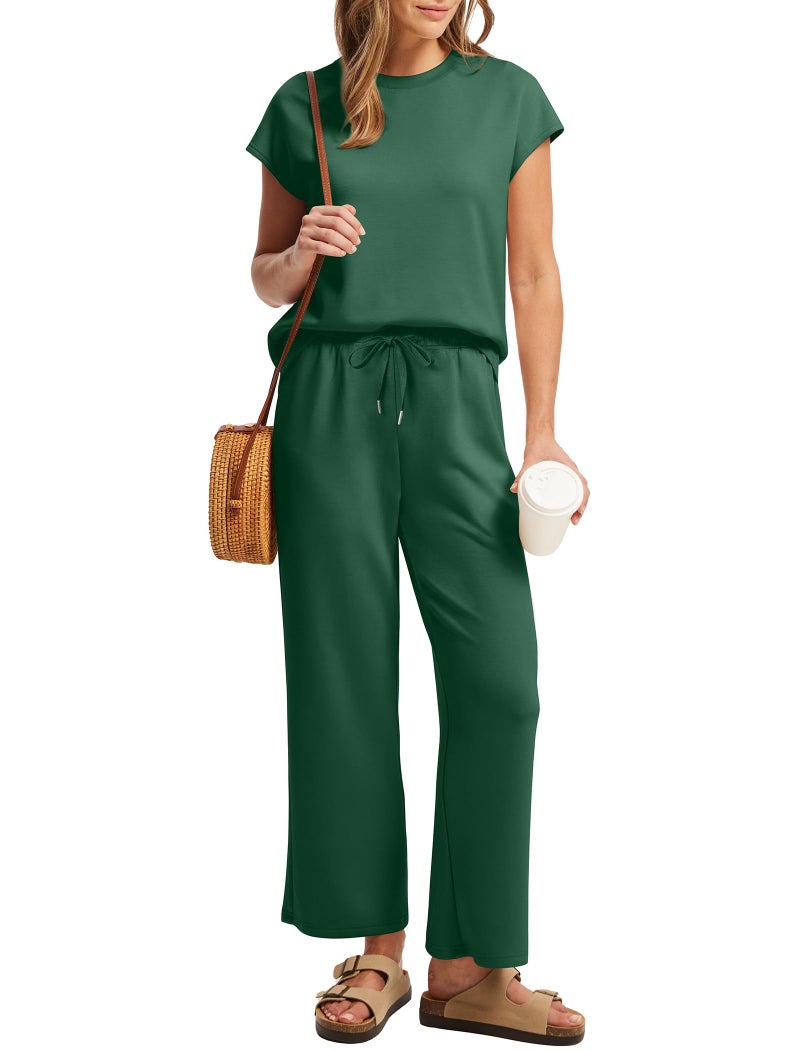Sampeel Spring Tops for Women Two Piece Lounge Sets for Women Matching Womens Fashion Clothing Cap Sleeve Vacation St Patricks Day Outfits Cruise 2026 Trip Travel Kelly Green M - Image 3