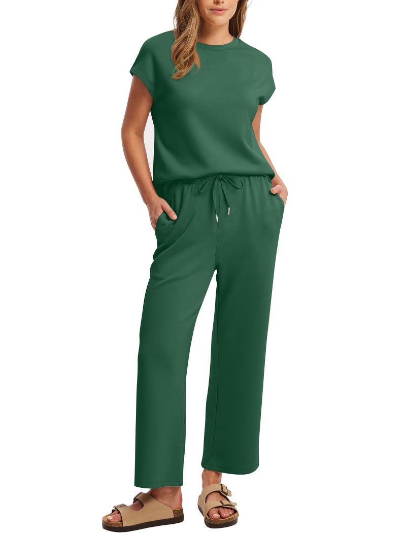 Sampeel Spring Tops for Women Two Piece Lounge Sets for Women Matching Womens Fashion Clothing Cap Sleeve Vacation St Patricks Day Outfits Cruise 2026 Trip Travel Kelly Green M - Image 2