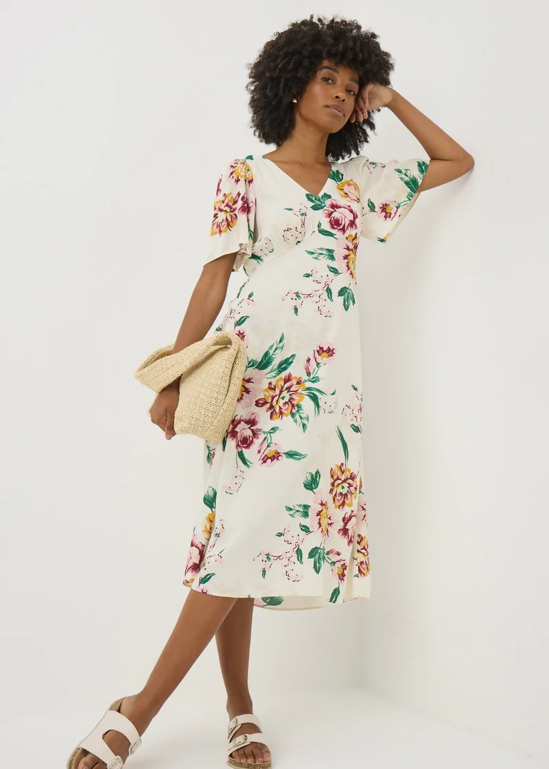 Matalan Cream Floral V Neck Midi Tea Dress